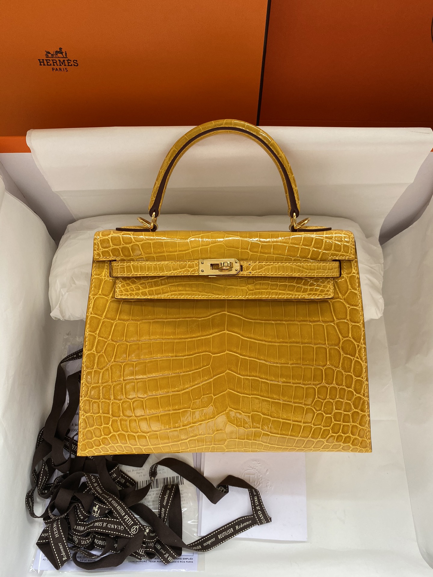 Hermes Kelly 25cm Handbag Shoulder Bag In Yellow Amber Shiny Crocodile Niloticus Leather